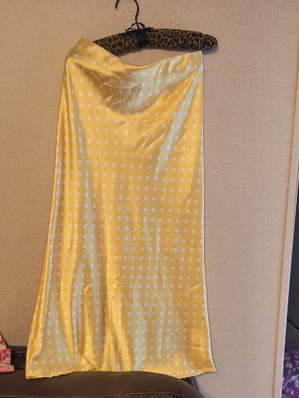Yellow Polka Dot Satin Midi Skirt